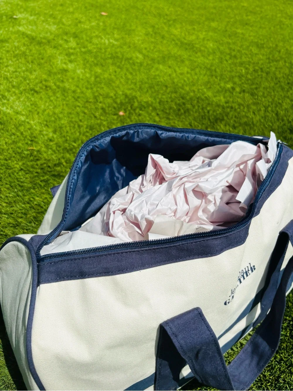 Jean Paul Gaultier White and Navy Striped Canvas Duffel